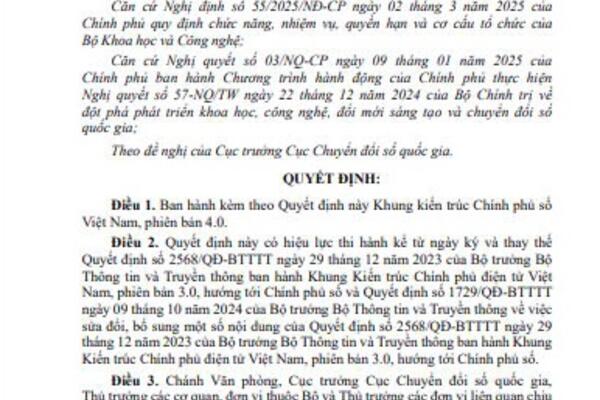 Về việc triển khai Quyết định số 292/QĐ-BKHCN ngày 25/3/2025 của Bộ Khoa học và Công nghệ về việc ban hành Khung kiến trúc Chính phủ số Việt Nam, phiên bản 4.0